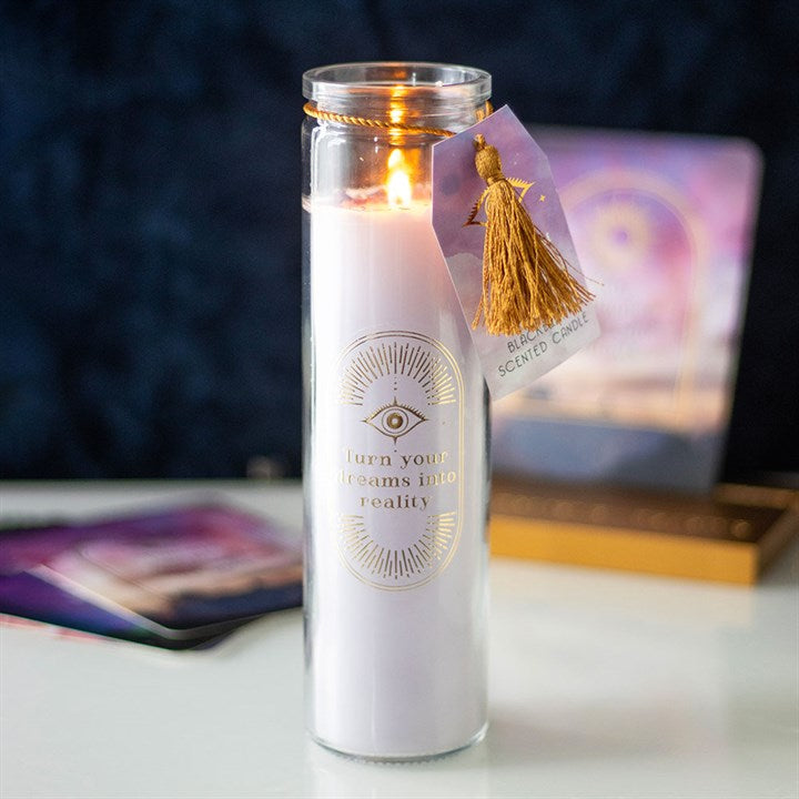 Inspired by traditional 7-day prayer candles, this tube candle comes in a beautiful blackberry fragrance. Accented with gold ‘Turn your dreams into a reality' text and amethyst crystal chips, this candle promotes calm and relaxation. Crystals will release from wax with use and can be reused for a multitude of spiritual purposes. Paraffin wax. Approximately 50 hours of burn time.

