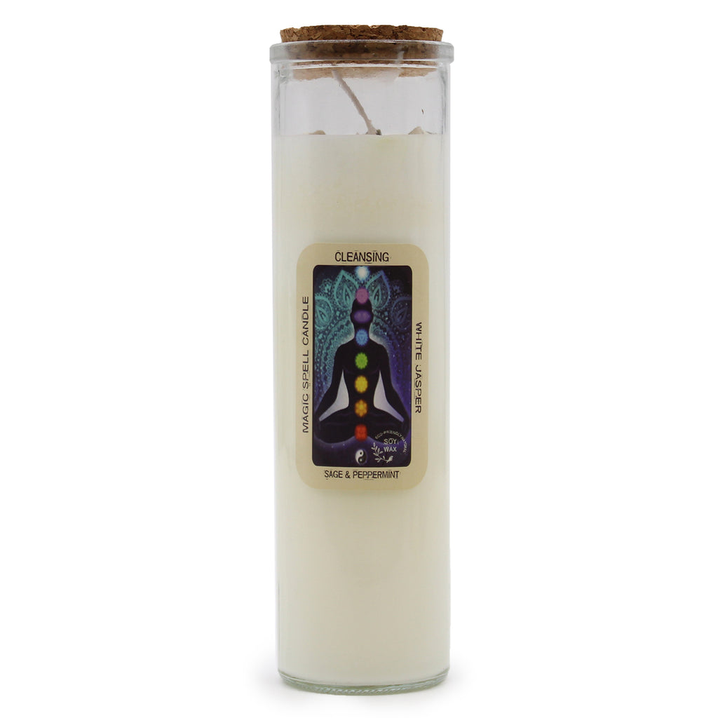 What is your Magic Spell Candle - Cleansing for? - To purify and renew the energy within your sacred space. To banish negativity, clear stagnant energy, and create a harmonious environment. Embedded within the candle, you will discover genuine White jasper that acts as a shield against negative energies, promoting a sense of stability and balance. The scent of sage and peppermint, known for their purifying and refreshing properties, will fill the air, revitalise your space and uplift your spirits. 