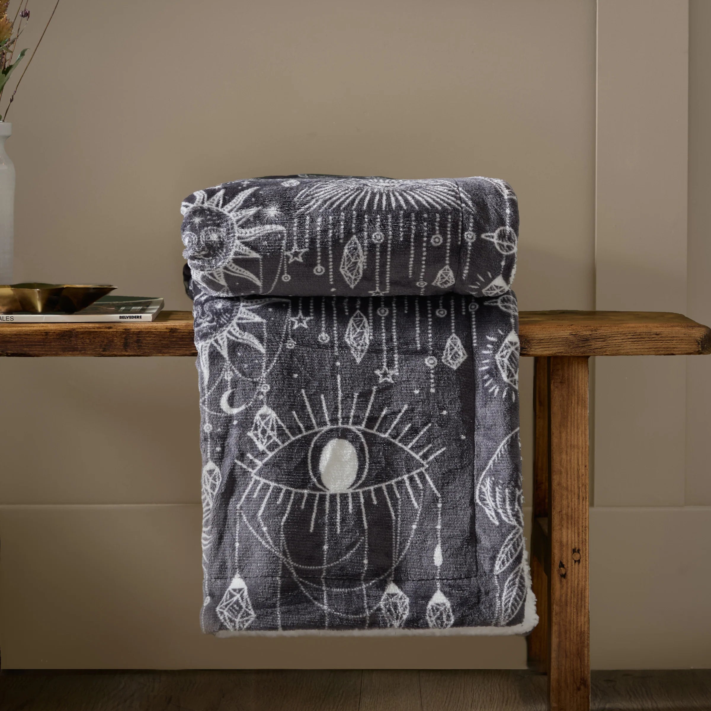 Constellation Printed Sherpa Fleece Throw Charcoal Cream