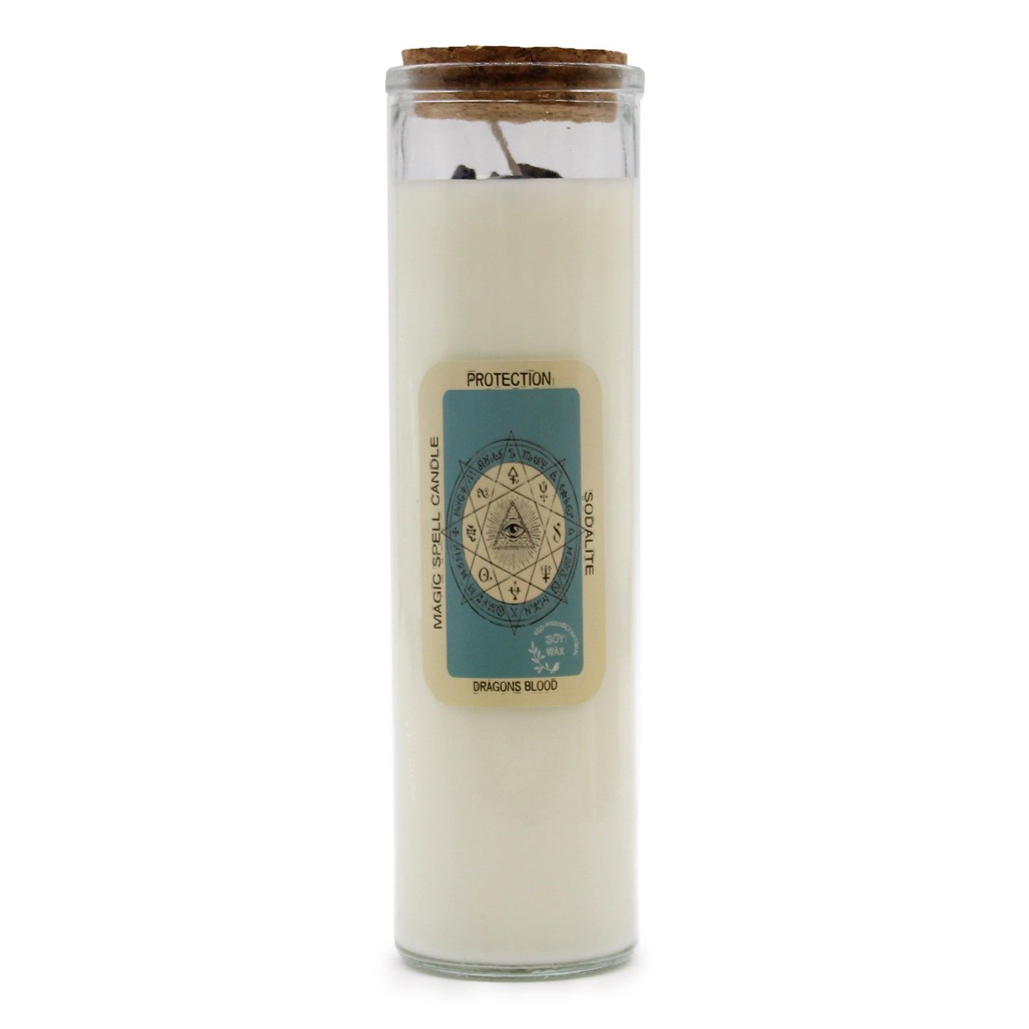 What is your Magic Spell Candle - Protection for? -  To create a shield of divine protection, ward off negative energies, and create a safe and harmonious space. To safeguard your energy, promote spiritual well-being, and instil a sense of security. Embedded within the candle, you will discover genuine Sodalite, known as the stone of peace and protection, promoting mental clarity, intuition, and shielding against negative energies. The captivating scent of Dragon Blood, known for its powerful protective and